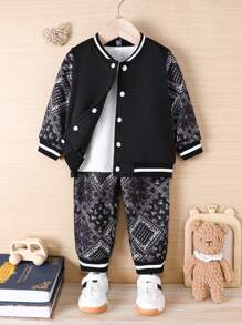 SHEIN 男嬰佩斯利印花條紋飾邊飛行員夾克和運動褲不帶T恤 - 黑色 - 查看 1