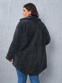 SHEIN LUNE Plus Flap Pocket Drop Shoulder Teddy Coat - Dark Grey - View 2