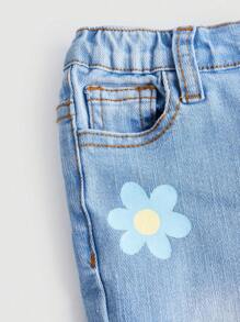 SHEIN Jong meisje Bloemenprint Onbewerkte snee Jeans met brede pijpen