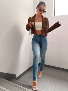 BizChic Women's Thin Lapel Open Front Short Blazer Jacket, Basic Top, Minimalist Urban Commute Style, Business Casual Outerwear For Office Wear In Fall/Winter