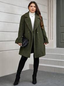 SHEIN Clasi Plus Lapel Neck Double Breasted Teddy Coat - Army Green - View 3
