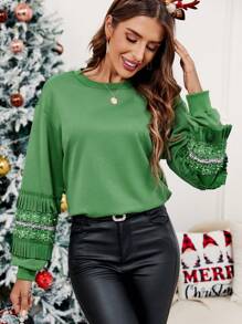 SHEIN Clasi Solid Drop Shoulder Floral Embroidery Detail Sweatshirt - Green - View 3