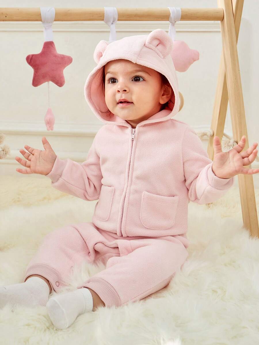 SHEIN Baby Girl 3D Ear Design Hooded Jacket & Pants - Pink - View 1