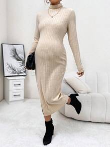 SHEIN Thai sản Gân đan Tách đùi Đầm - Màu Khaki - Xem 5