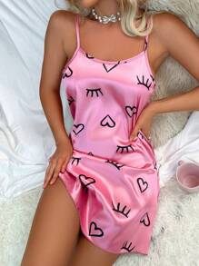 睫毛和心形印花缎面睡衣 - 粉色 - 查看 3