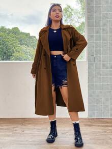 Flirla Hơn Cổ áo Đôi ngực Áo khoác Trench - màu nâu - Xem 6