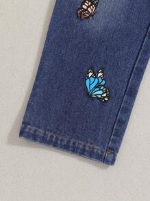 女小童蝴蝶圖案彈性腰帶直筒牛仔褲 - 深色水洗藍 - 查看 5