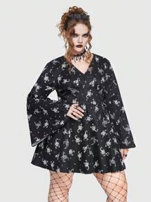 ROMWE Goth Plus Allover Scorpion Print Trumpet Sleeve Dress - Black - View 2