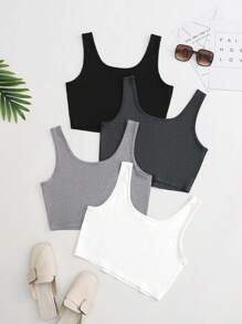 Flirla 4pcs Solid Crop Tank Top
