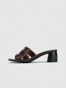 Women Fashion Brown Thick Heel Round Toe Mule Slide Sandals, Versatile Summer New Arrival - Brown - View 4