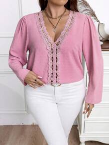 SHEIN Clasi Plus Swiss Dot Guipure Lace Trim Blouse - Dusty Pink - View 1