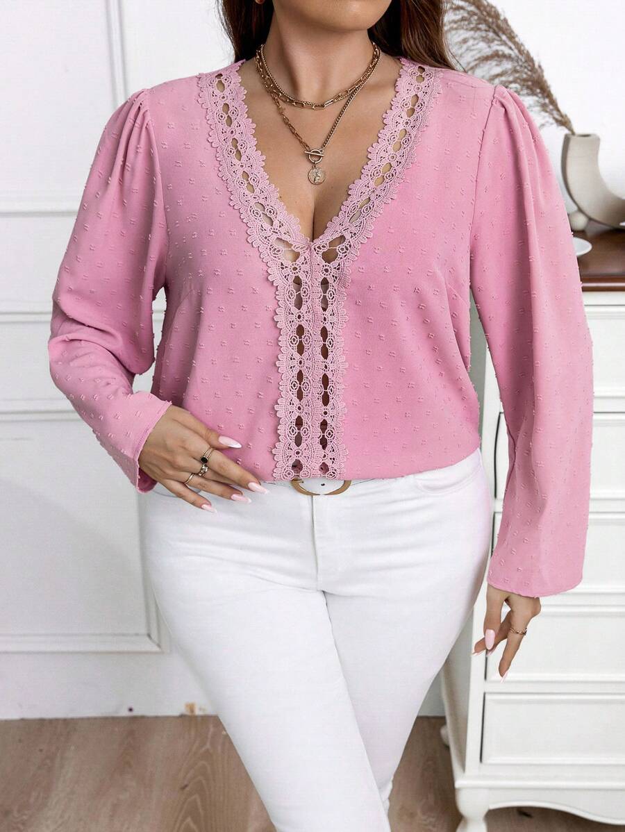 SHEIN Clasi Plus Swiss Dot Guipure Lace Trim Blouse - Dusty Pink - View 1