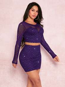 SHEIN SXY Rhinestone Mesh Crop Top & Bodycon Skirt - Purple - View 3