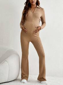 SHEIN Maternity V-collar Textured Knit Flare Leg Jumpsuit - Khaki - View 5