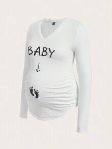 SHEIN Maternidad 3 piezas Camiseta huella & con estampado de letra fruncido bajo curvo - Multicolor - Ver 20