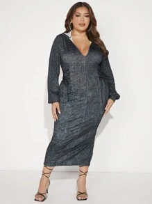SHEIN SXY Plus Size Women's Ribbed Tie Deep V-Neck Bodycon Dress New Years Women Outfit