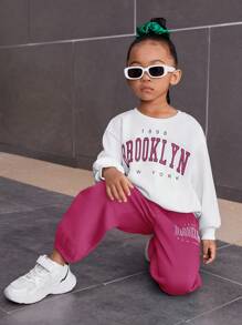 SHEIN 女小童字母圖案落肩袖衛衣和衛褲 - 玫紅色 - 查看 5