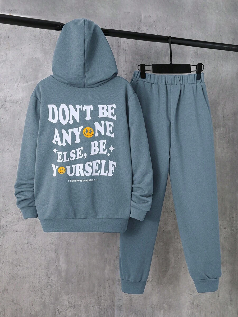 SHEIN Tween Boy Slogan Graphic Hoodie & Sweatpants - Dusty Blue - View 1