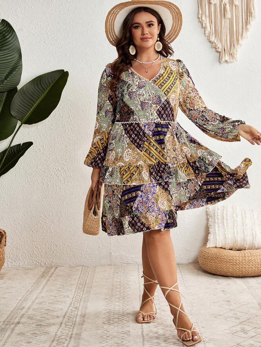 SHEIN VCAY Talla grande Vestido con estampado de retazo de manga farol bajo a capas - Multicolor - Ver 1