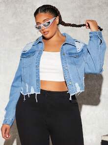 SHEIN CURVE+ Plus Ripped Raw Cut Drop Shoulder Denim Jacket - Blue - View 3
