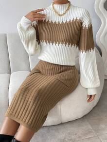 SHEIN Privé Two Tone Mock Neck Sweater & Knit Skirt - Khaki - View 6