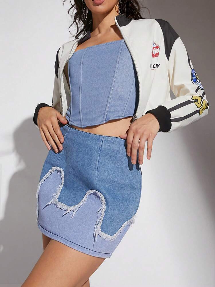 Casual Wave Colorblock Frayed Mini Denim Skirt