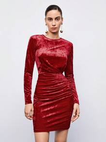 Maija 素色抽褶細節絲絨緊身洋裝 - 紅色 - 查看 5