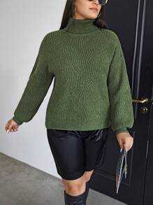 SHEIN Essnce 大碼高領落肩袖套頭毛衣 - 軍綠色 - 查看 3