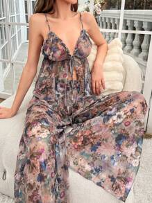 Conjunto de pijama con estampado floral y parte delantera con lazo de malla - Multicolor - Ver 4