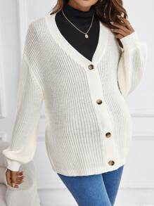 SHEIN 1入組孕婦燈籠袖落肩袖條紋針織開襟衫 - 白色 - 查看 6