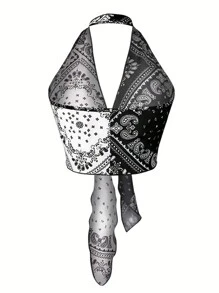 INAWLY Top halter con estampado de pañuelo con paisley de color combinado con cordón delantero