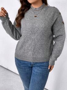 SHEIN LUNE 大碼紐扣細節小高領落肩袖套頭毛衣 - 灰色 - 查看 4