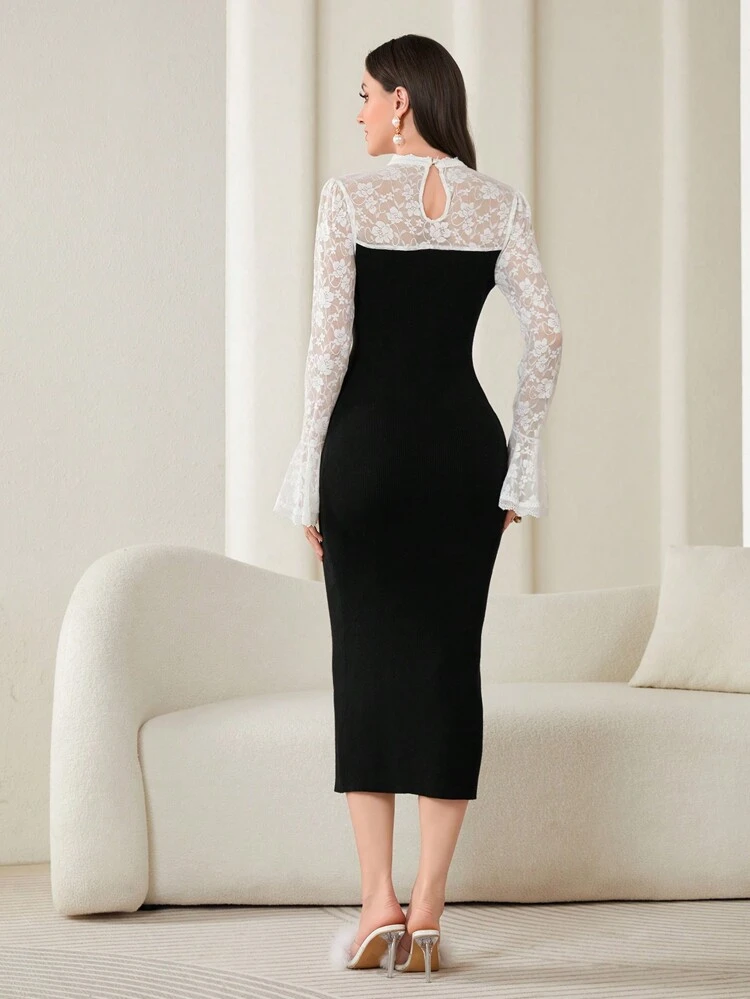Contrast Lace Flare Sleeve Cut Out Front Sweater Dress Without Belt