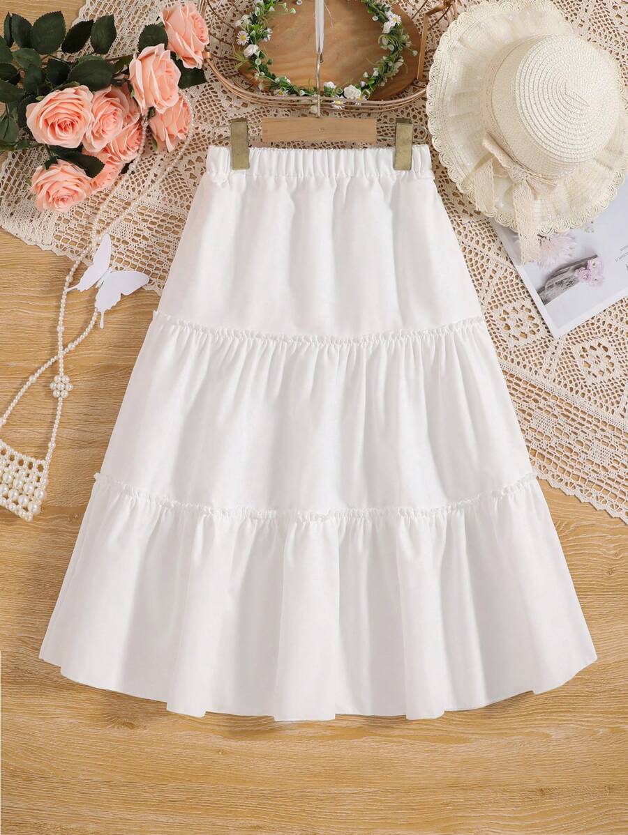 SHEIN 女大童素色荷葉邊半身裙