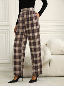 SHEIN Clasi 格紋印花斜口袋長褲 - 卡其色 - 查看 3