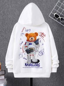 SHEIN Áo nỉ tay trễ vai in hình gấu và khẩu hiệu dành cho bé trai tuổi teen - trắng - Xem 1