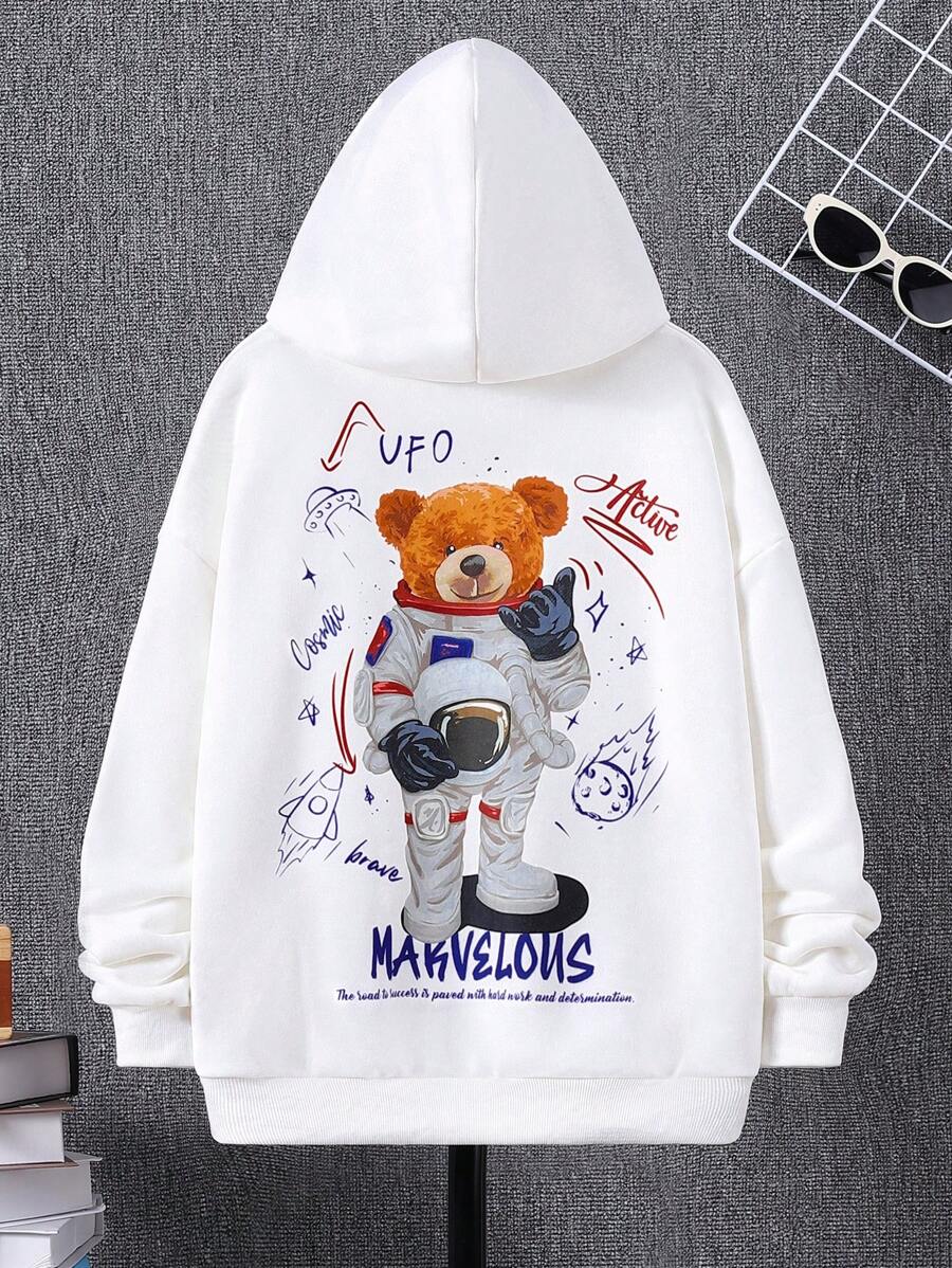 SHEIN Áo nỉ tay trễ vai in hình gấu và khẩu hiệu dành cho bé trai tuổi teen - trắng - Xem 1