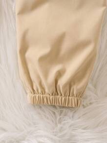 SHEIN 女小童側翻蓋口袋工裝褲 - 卡其色 - 查看 3