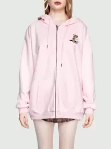 ROMWE Kawaii Dây kéo Thả vai Tranh thêu mèo Hoodie - Hồng - Xem 5