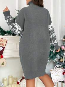SHEIN Frenchy Plus Christmas Pattern High Neck Drop Shoulder Sweater Dress - Grey - View 2