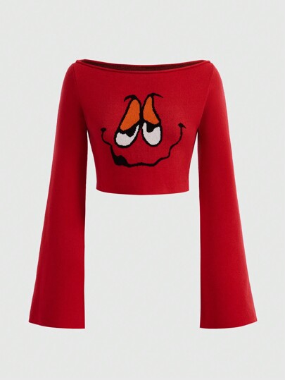 Street Life Pull Court Motif Dessin Animé À Col Bateau Manches Trompette