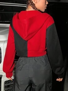 SHEIN EZwear Bikercore Đồ họa Chữ cái Hai âm Thả vai Áo hoodie ngắn - màu đen - Xem 2