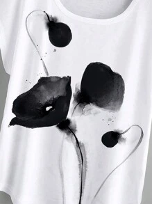 SHEIN LUNE 印花蝙蝠袖弧形下擺T恤 - 白色 - 查看 4