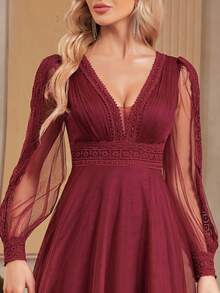 XUIBOL Plunging Neck Lantern Sleeve Mesh Prom Dress - Burgundy - View 4