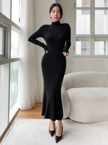 DAZY 素色小高領魚尾裙下擺洋裝 - 黑色 - 查看 4