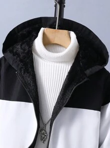 男大童撞色拉鏈開襟連帽毛絨內襯夾克無毛衣 - 黑色 - 查看 6