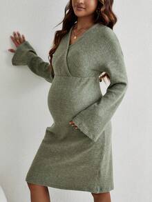 SHEIN Thai sản Surplice cổ Thả vai Đầm - màu xanh lá - Xem 6