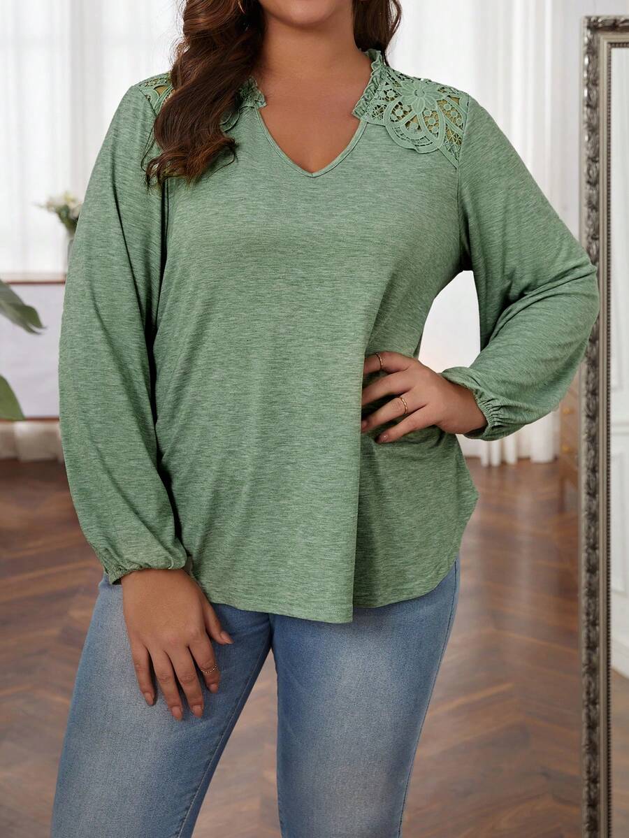 EMERY ROSE 大碼水溶蕾絲拼接燈籠袖T恤 - 綠色 - 查看 1