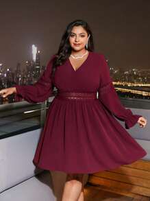 SHEIN Frenchy 大碼蕾絲花邊洋裝 - 酒紅色 - 查看 4