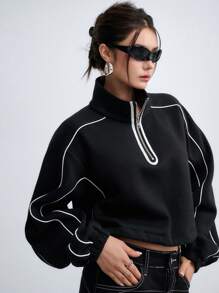 DAZY Contrast Piping Half Zip Drop Shoulder Crop Sweatshirt - Black - View 1